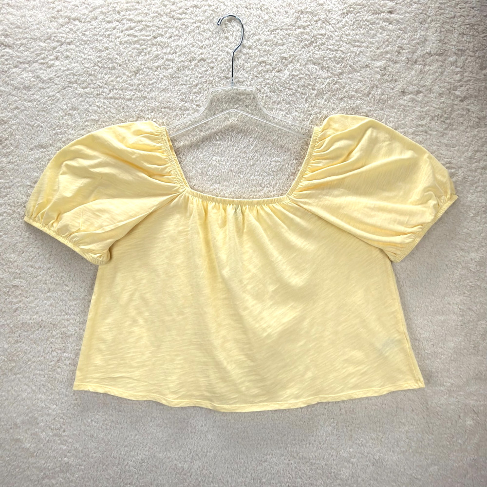 Old Navy Women Yellow Size XL Square Neck Puff Sleeve Top 100% Cotton Casual
